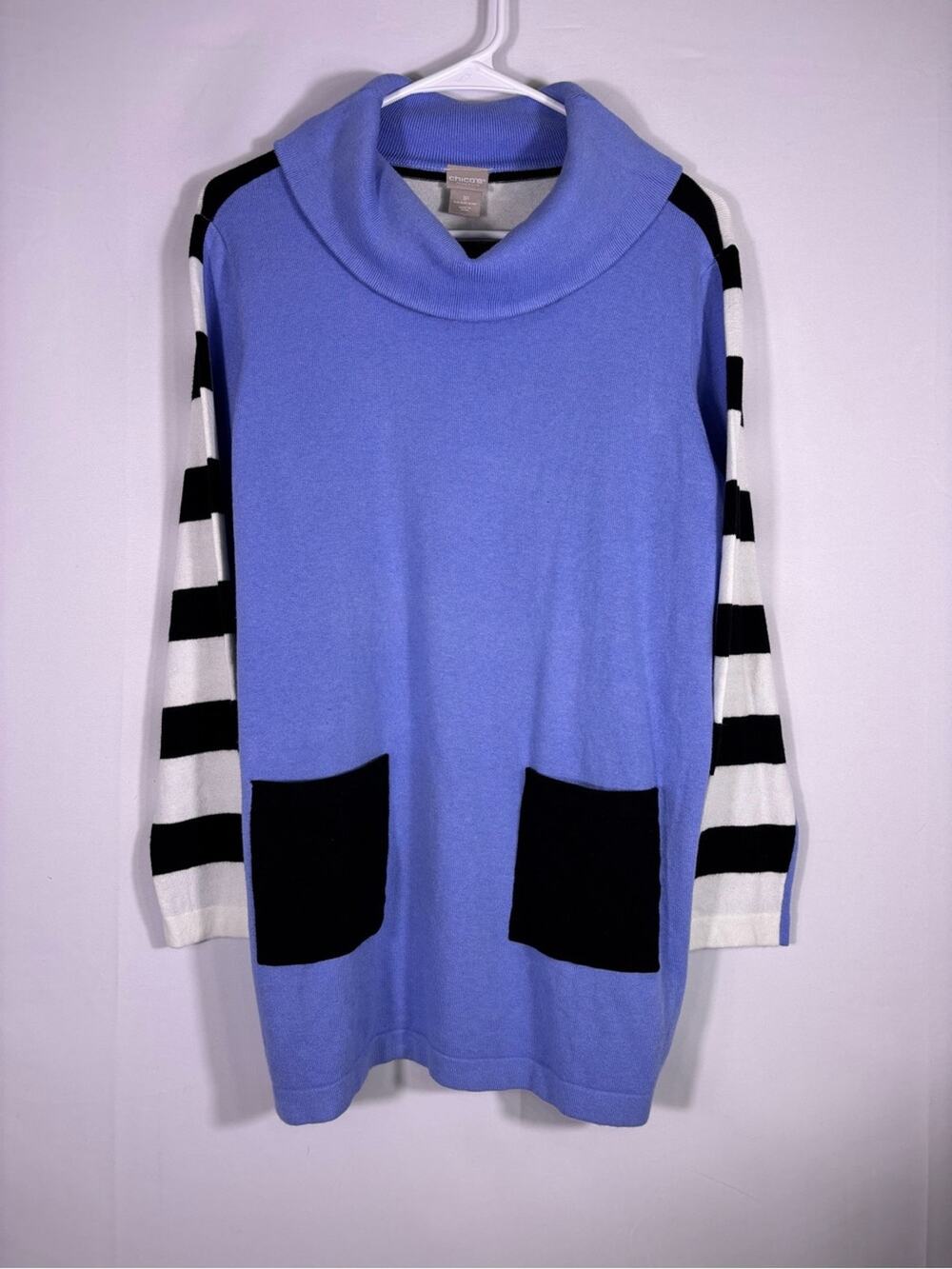 NWT Chico’s Zenergy Cowl Sweater Blue Stripe Sleeve Tunic Cotton Cashmere MP 274